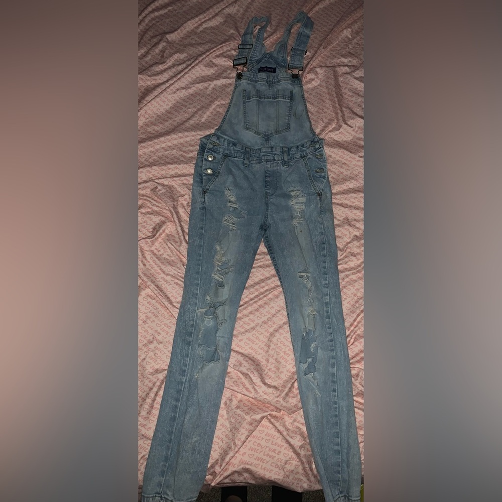 Blue Spice High Rise Distressed Overall Bib Jeans